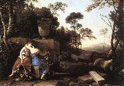 LA HIRE, Laurent de Landscape with Peace and Justice Embracing st oil painting reproduction